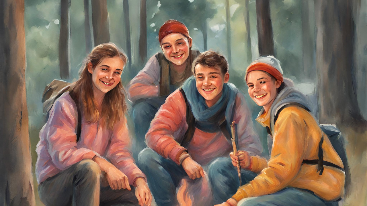 Young people having fun camping in the woods